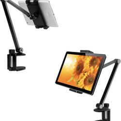Aluminum Long Arm Tablet Stand Mount Compatible with iPhone/iPad/iPad Mini/iPad Pro 12.9" Any Phone/Tablets 4-13 inch,360° Swivel with Bracket Cradle 