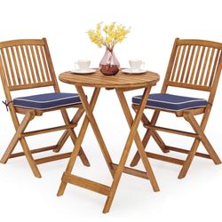 Indoor / Outdoor Patio Folding Wooden Furniture Set ~ 1 Round Table & 2 Chairs
