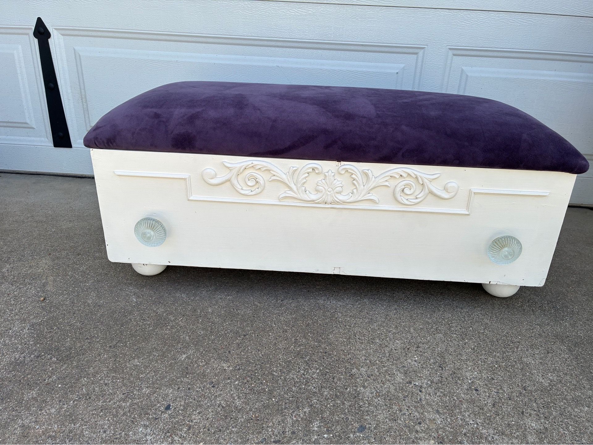 33” long x 16” wide Velvet Purple Cushion Top White Wooden Storage Bench