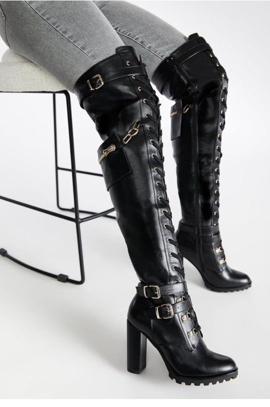 Yishaweiqi Buckle Strap Wide Calf Thigh High Boots for Women Chunky Block High Heel Over The Knee Boots Lace up Riding Combat Boots Ladies Side Zipper