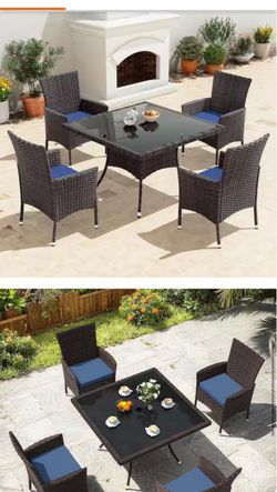 Shop Halmuz Brown 5-Piece Wicker Outdoor Dining Set with Glass Tabletop, Umbrella Hole and NavyBlue Cushion, Patio, Indoor, Backyard