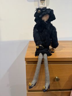 Carmen Manago Collectible Art Cloth Doll - Black Fur Coat, Lace & Checkered Stockings - 12"