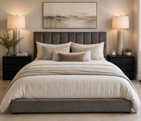 King Gray Upholstered Bed Frame & mattress | Modern Channel Headboard