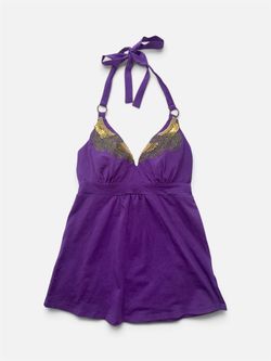 Vintage Victoria's Secret Y2K Purple Halter Babydoll Bra Top Gold Sequin Embellished XS