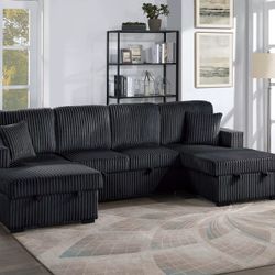 ✅️✅️3 pc Black  color✅️  corduroy fabric  sectional sofa with double storage chaise and pop up sleep area in center✅️✅️✅️