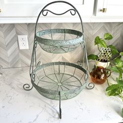 Farmhouse Rustic Large Basket Vegetable Fruit Stand Bowl Metal Mint Green Kitchen Home Decor Cottage