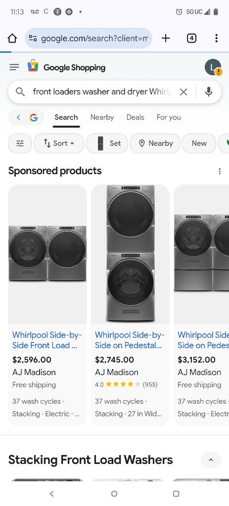 Whirlpool Side By Side Or Stacking Front Loading Washer And Dryer Set