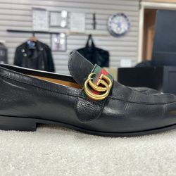 Gucci GG Web Donnie Black Leather Loafers Shoes SZ: 8.5