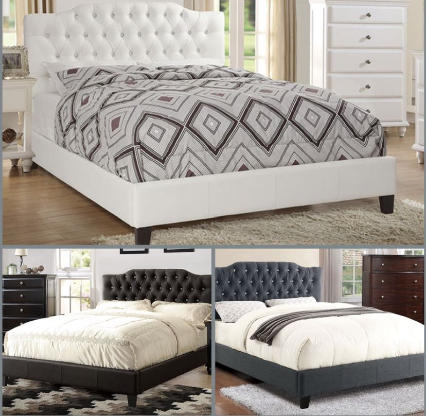 Queen White Crystal Button Bed 