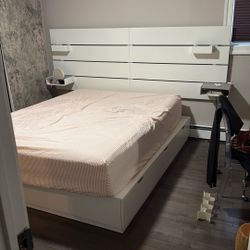 Queen Bed with headboard and storage, white