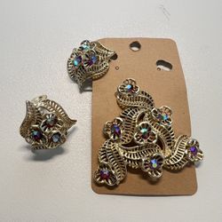 Vintage brooch  Aurora" Red Rhinestones Brooch  & earrings