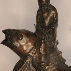 1960's Bronze Vintage Chinese Taoist Qin Gao Riding a Carp Bronze Incense Burner Figurine Statue