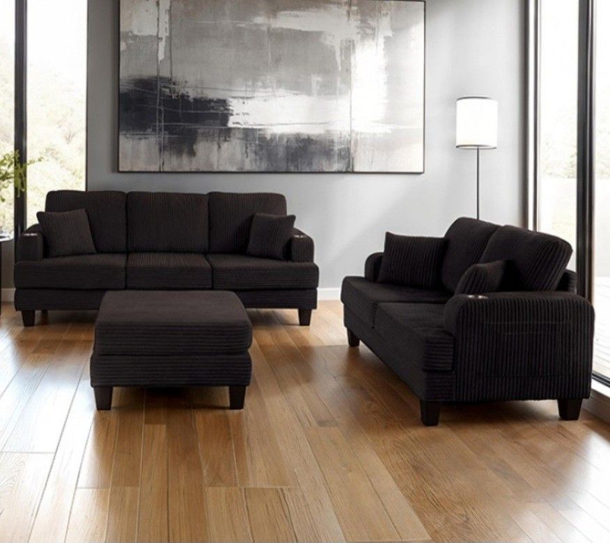 Brand New Black Corduroy Sofa- Loveseat & Ottoman