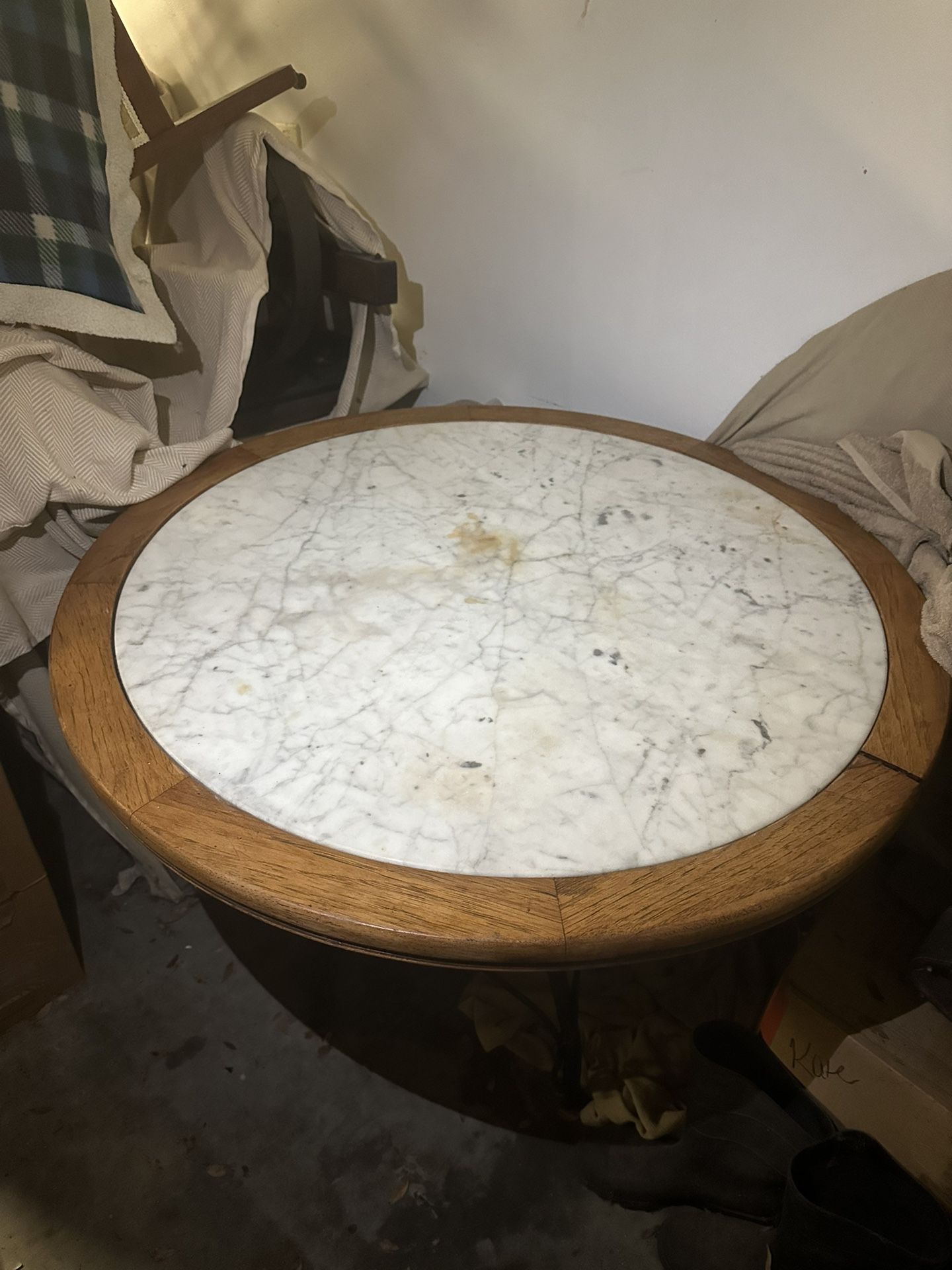 Antique Marble Top Table With Oak Trim. Wrought Iron Frame 