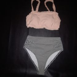 Cupshe Ruffle Bandeau Bikini With High Waisted Bottom Size X-Small Peach Black