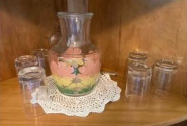 Vintage 1950’s Anchor Hocking Daffodil Carafe, Glass Lid & 6 Juice Glasses. (Johnstown Ohio)