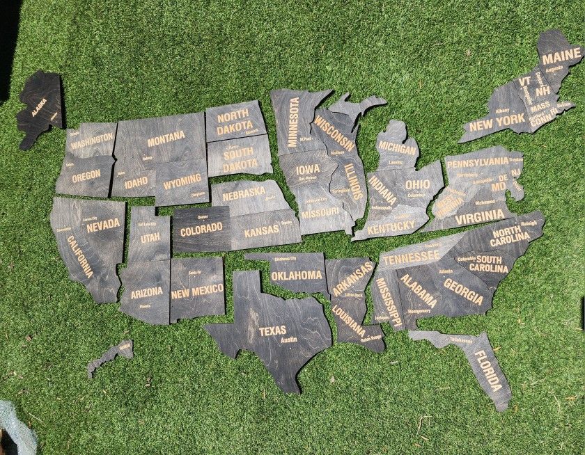 Handmade Large Wooden 16 Piece Puzzle Map of The United States With Capitols 60x36"