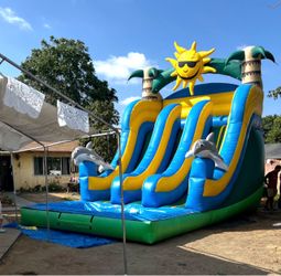 Tropical Inflatable Water Slide with Dual Lanes