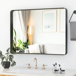 Bathroom Mirror, 24" x 32" Wall Mounted Vanity Brushed Rounded Corner Metal Framed, Rectangle Bathroom Vanity Mirror, Tempered Glass, Anti-Rust, Horiz