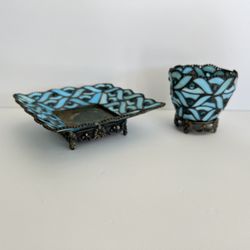 Partylite Spring Water Votive and Pillar Candle Holder Blue Teal 