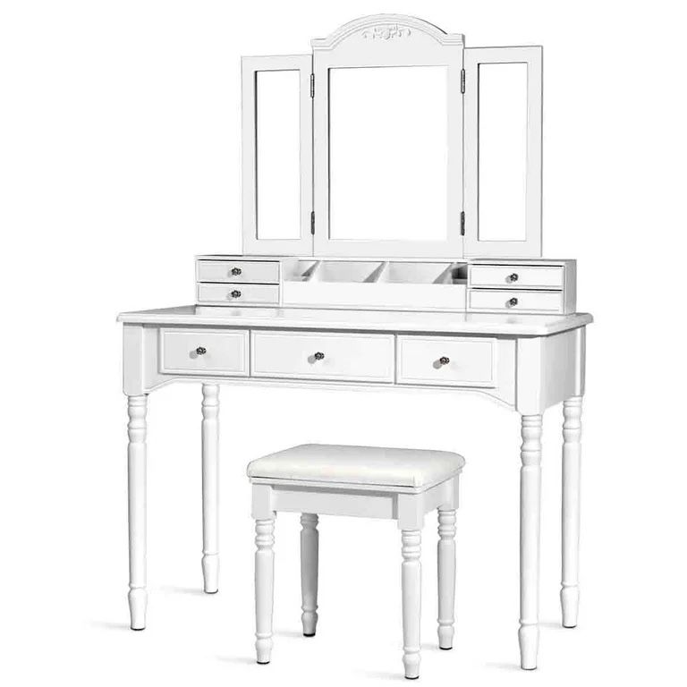 Vanity Makeup Dressing Table Set with Drawer Mirror Necklace Hook, White