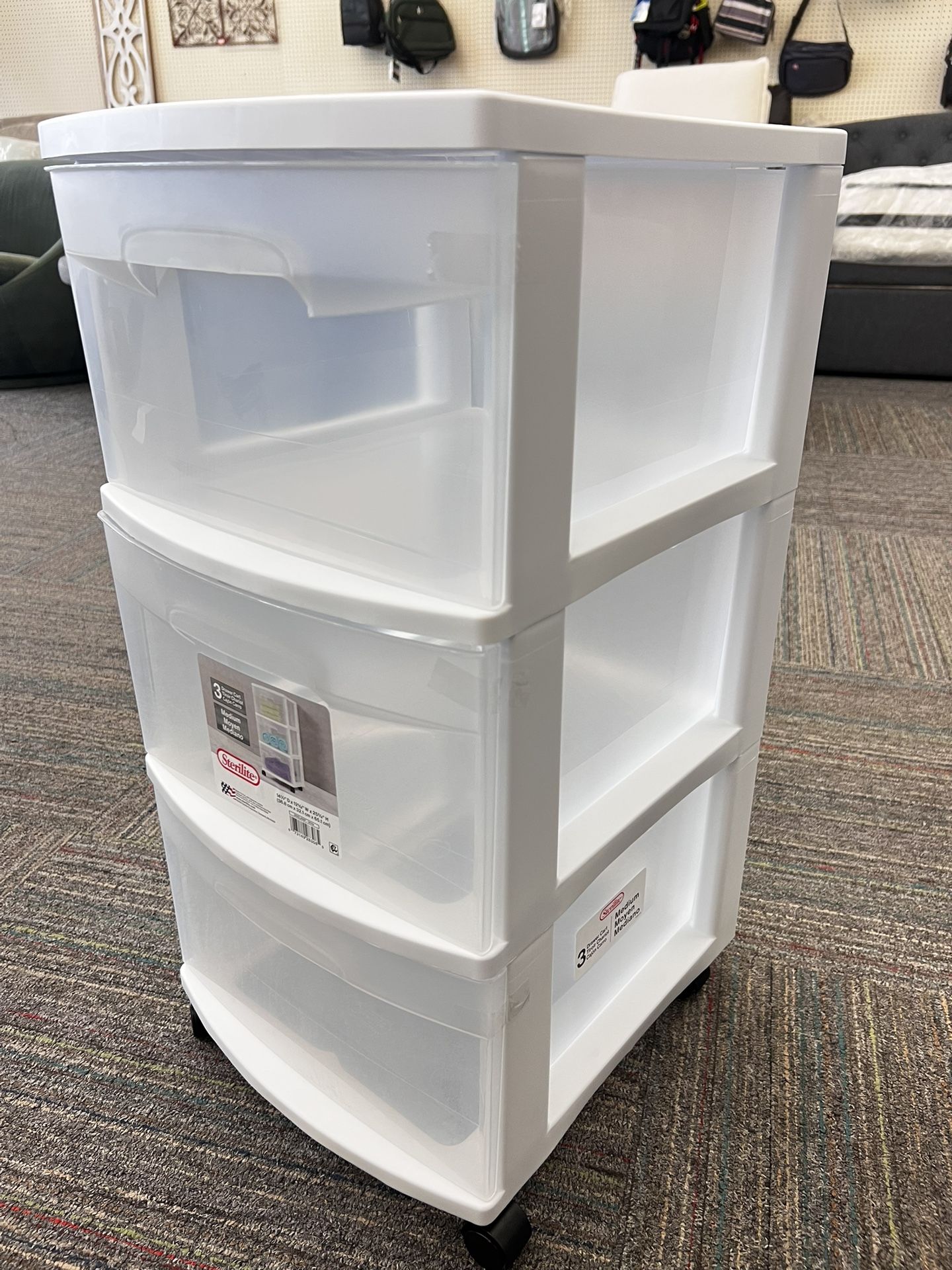 3 Drawer Cart, Clear Plastic Storage Drawers, Wheels Included, White, New