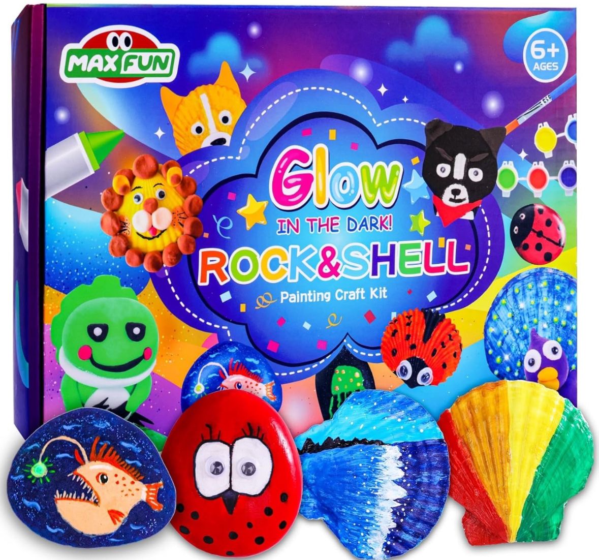 Sea Shell & Rock Painting Kit, 2 Pack Glow in The Dark DIY Arts & Crafts Gifts for Kids Ages 4-12