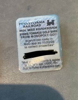 McDonald's Monopoly Go Pennsylvania Railroad #924 Piece
