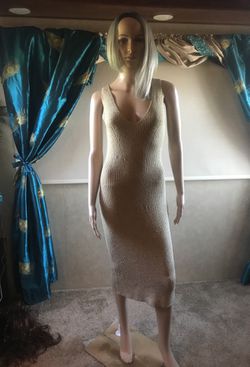 Sexy Sz M Michael Kors gold metallic knit midi bodycon dress