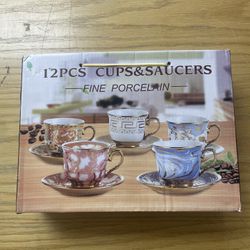 12 Pcs Cups And Saucers Fine Porcelain 