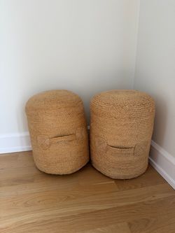 Set of 2 Natural Woven Jute Poufs / Ottomans