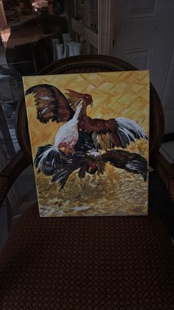 Cock Fighting Oil Painting On Canvas 16”Wx20”H