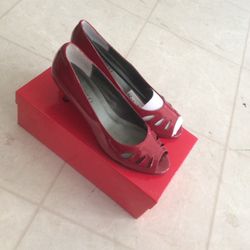 Red leather peep toe wedges