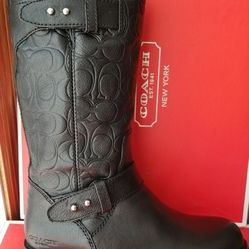 COACH DESIGNER Virginia Black Leather Signature Embossed Riding Boots Sz 5.5