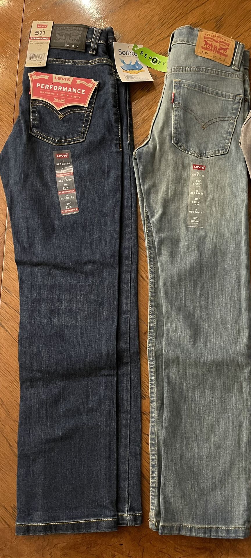 2 pairs of New Levi Strauss & Co Boys Jeans 12 Regular 26x26 Slim/Skinny - 511 & 510 Jeans