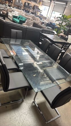 Glass Top Dining Table with 9 Chairs
