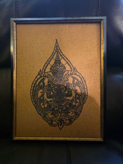 Vintage Framed Thai Lacquer Relief Art – 3D Deity on Textured Cork