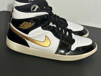 Air Jordan 1 Mid SE “White/Metallic Gold/Black” (patent leather) (size 10 men’s)