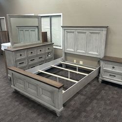 Solid Wood Grey And Brown Queen Bed Set 