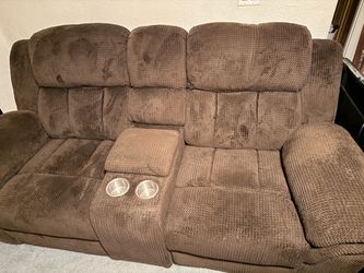 Brown Fabric Reclining Sofa with Console