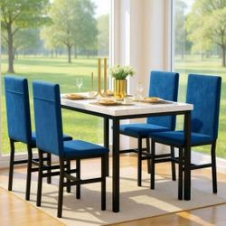 5 Piece Dining Table Set, Table and Chairs Set for 4 with Faux Marble and 4 Velvet Upholstered Dining Chairs for Home, Restaurant, White & Blu