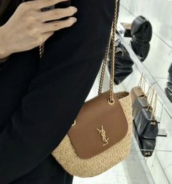 Saint Laurent Kate Raffia Chain Bag — Natural/Tan with gold-tone YSL logo