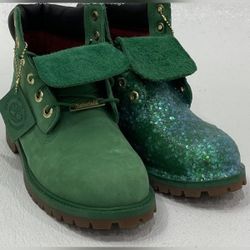NEW Timberland Green Sparkle Glitter Suede Boots Fold-Over Cuffs Limited Women 5