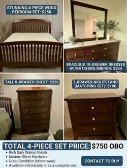 4-Piece Solid Wood Bedroom Set (Bed + Box Spring, 10-Drawer Dresser w/ Mirror, 8-Drawer Chest, Nightstand)