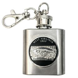 1oz Mini Pocket Stainless Steel West Virginia Hip Flask w/Screw Cap Keychain & Clasp - Travel Size
