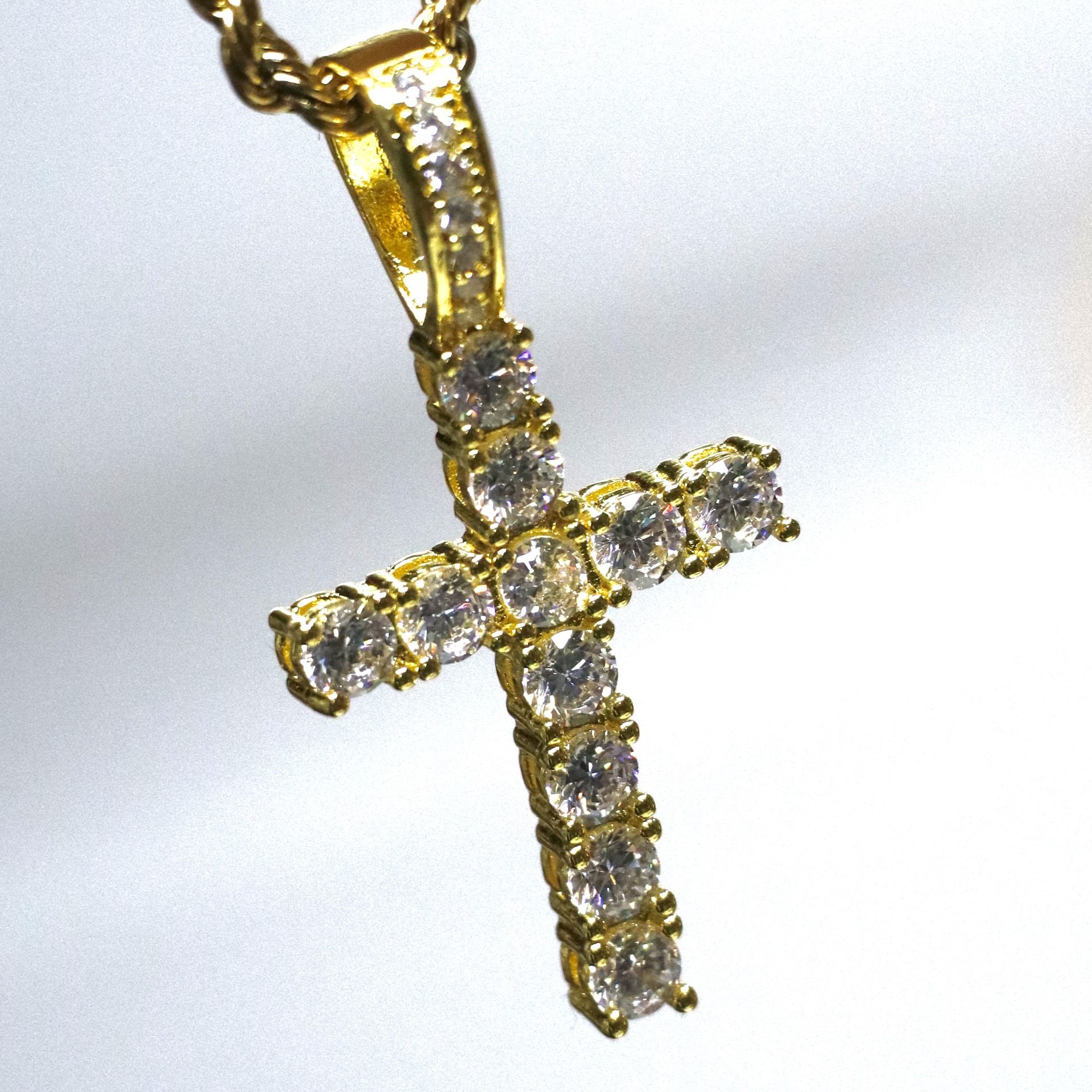 Gold Toned Stainless Steel Cubic Zirconia Cross Chain