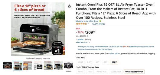 Instant Omni Plus 19 QT/18L Air Fryer Toaster Oven Combo, From the Makers  of Instant Pot, 10-in-1 Functions, Fits a 12 Pizza, 6 Slices of Bread, App