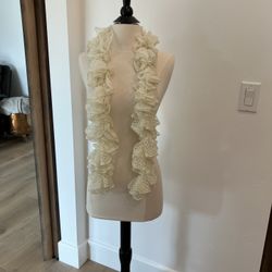 New Elegant hand knitted Cream Ruffled Scarf Gold accents Crochet
