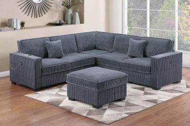 Sectional W Ottoman L Shape USB Charger, Dark Grey Corduroy fabric, New Especial price 