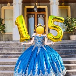 Blue With Gold Quinceañera Dress (Large)